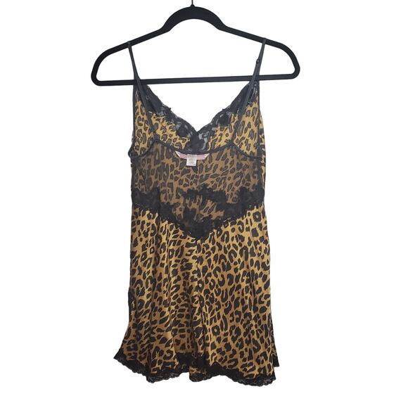 Victoria's Secret Vintage Leopard Print Silk Chemise Slip Black Lace Trim Medium - Picture 2 of 16